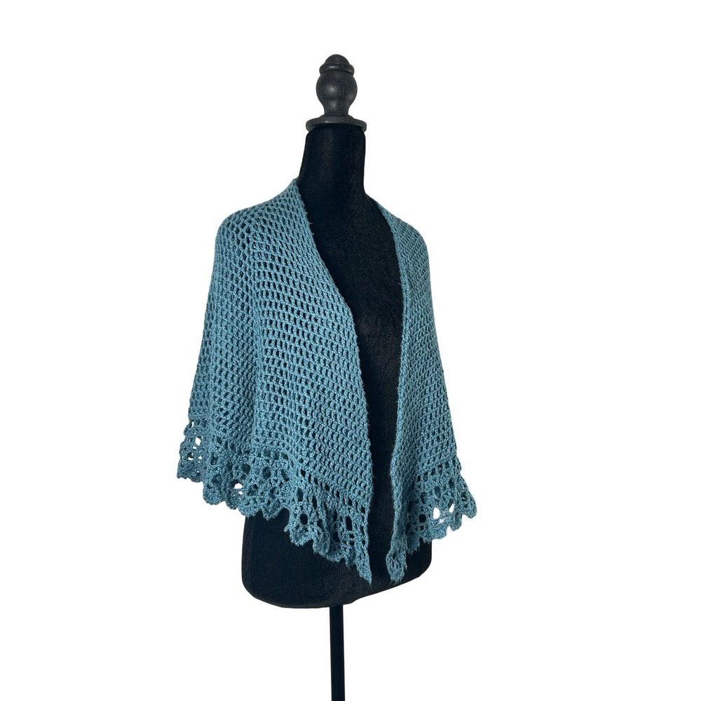 Hand Crochet Blue Shawl Wrap Scalloped Lace Boho Cottagecore One Size